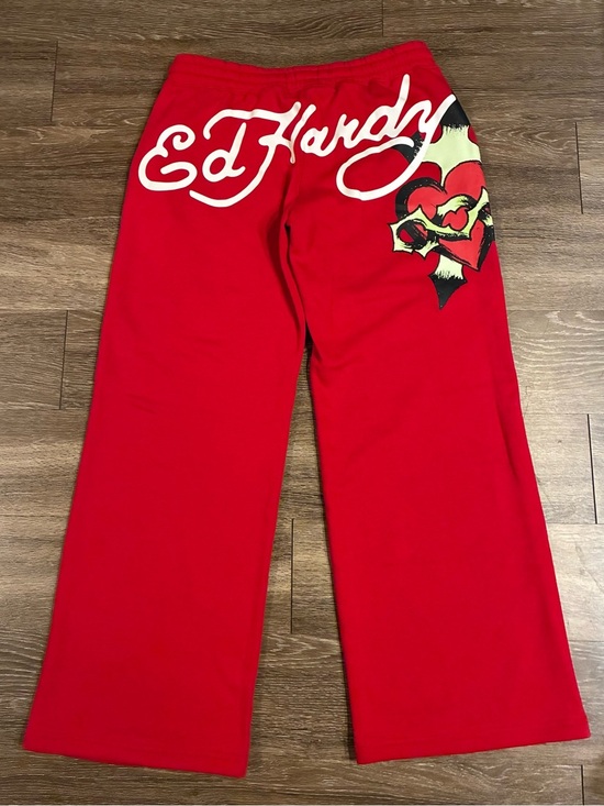 Ed Hardy Pants - Ed Hardy Red Sacred Heart Graphic & Logo Wide Leg Sweatpants Size Large